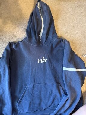 Kids Nike Navy Hoodie with White Script Logo and Sleeve Stripe